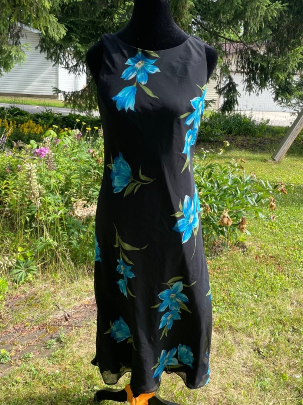 Vintage 90s Maxi Shift Dress Layered Black Blue Floral 8 Whimsigoth Fairy Witchy